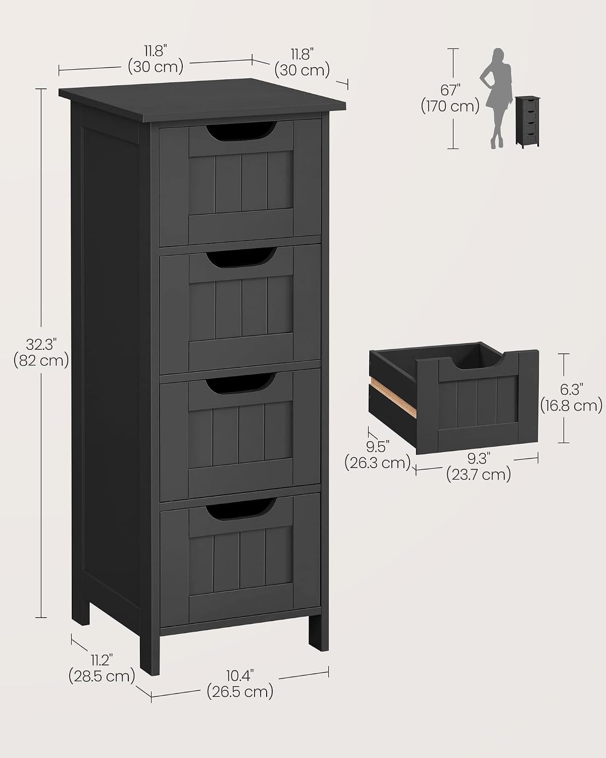 Detalle de VASAGLE Sofie Collection LHC040B01 Bathroom Storage Cabinet, 4 Drawers, Ink Black