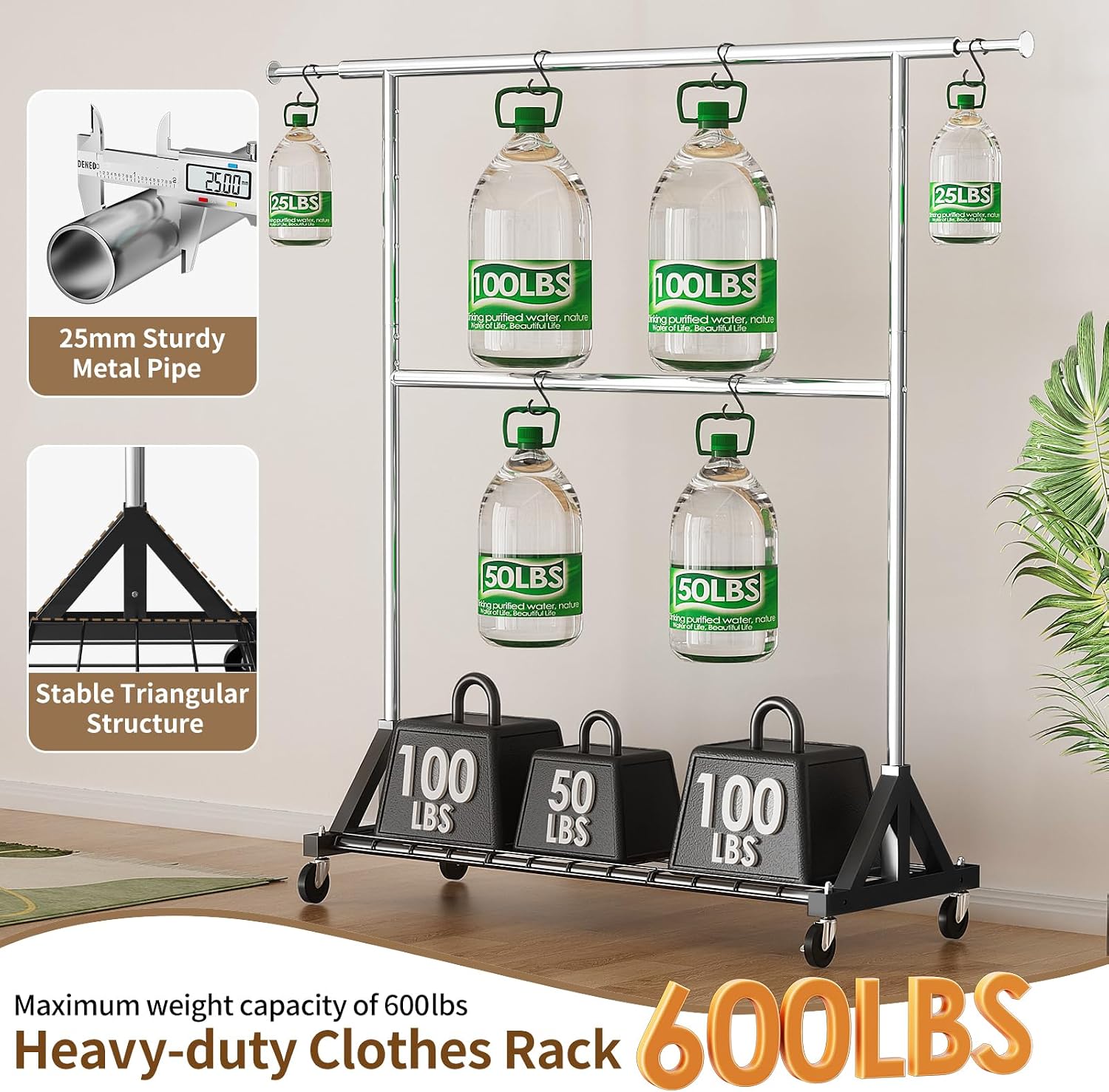 Detalle 2 de Luxspire Heavy-Duty Clothes Rack with Double Rods and Lockable Wheels