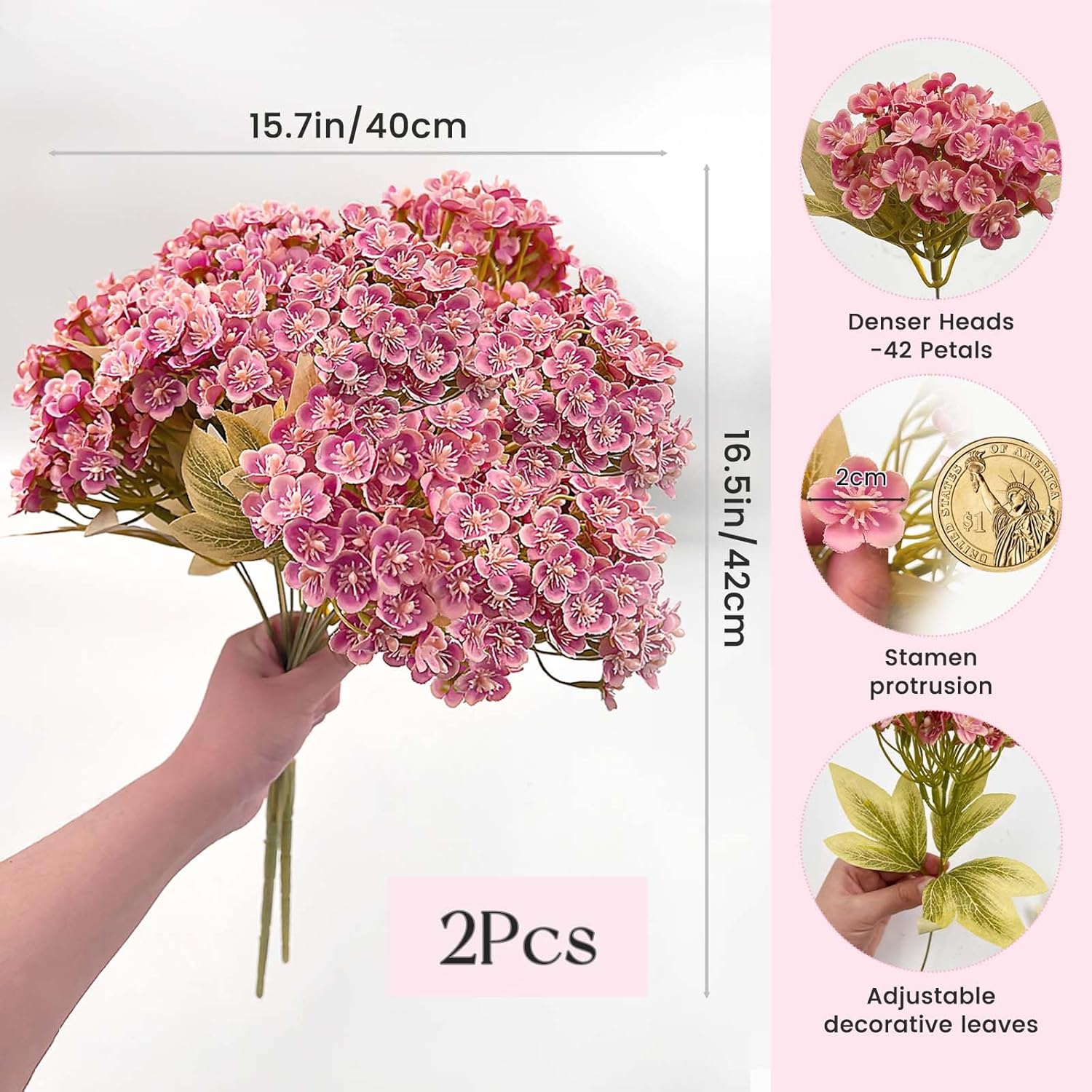 Thumbnail 3 de SNAIL GARDEN Set of 2 Pastel Pink Hydrangea Artificial Flowers (588 Blooms) – Realistic Silk Arrangements