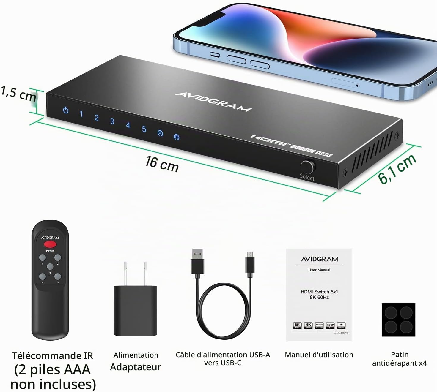 Thumbnail 6 de AVIDGRAM HDMI 2.1-schakelaar met 5 ingangen, 8K 60Hz en IR-afstandsbediening