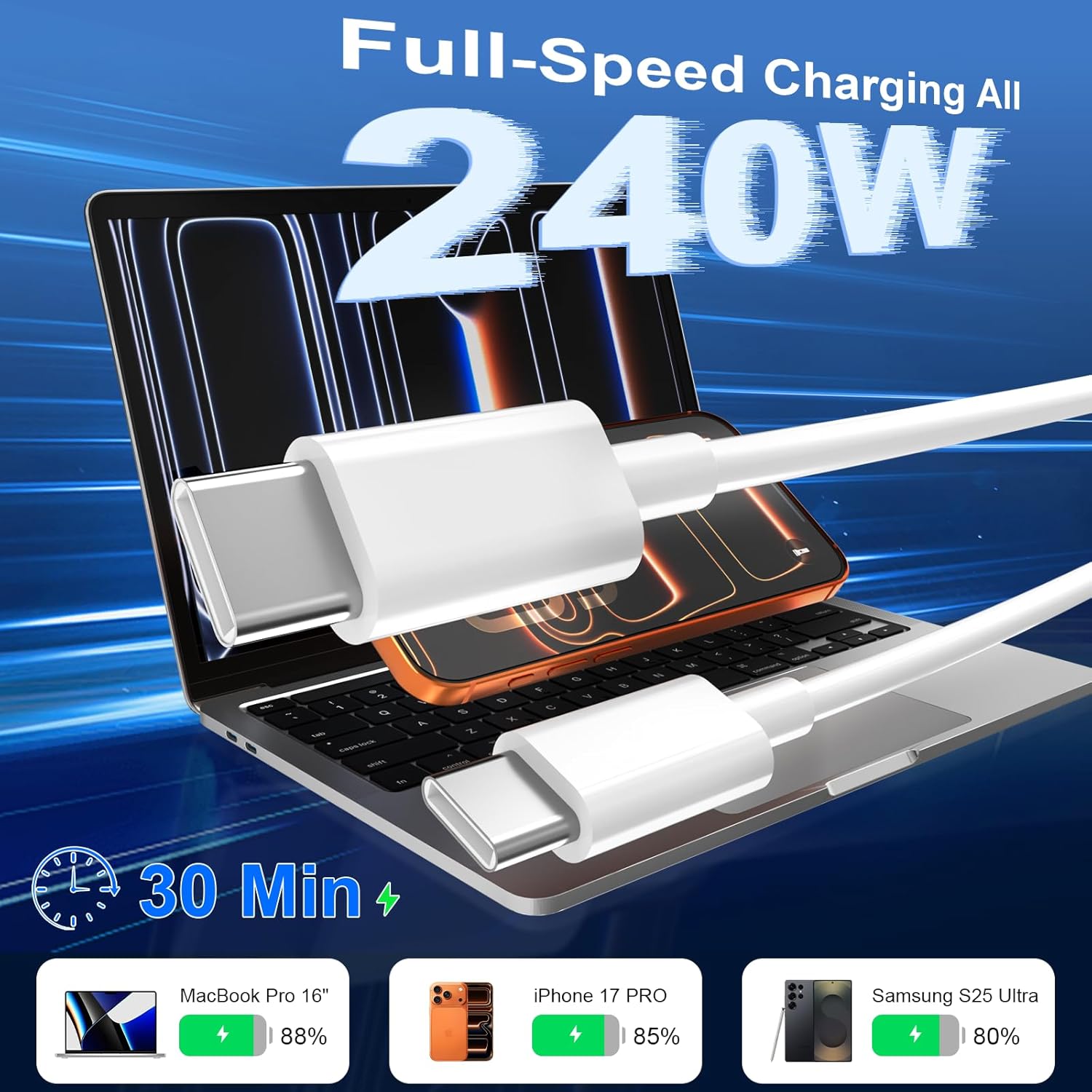 Thumbnail 1 de 240W USB‑C to USB‑C Cable 2 Pack (1m + 2m) for fast USB‑C charging