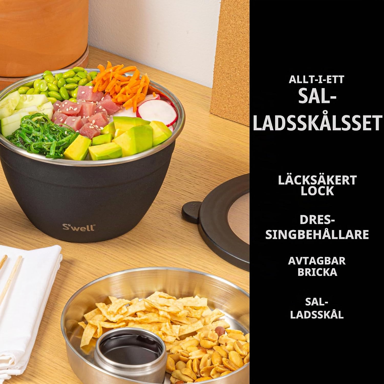 Detalle 2 de S'well salladsskål Onyx, 1,9 liter med dressingbehållare och löstagbar bricka