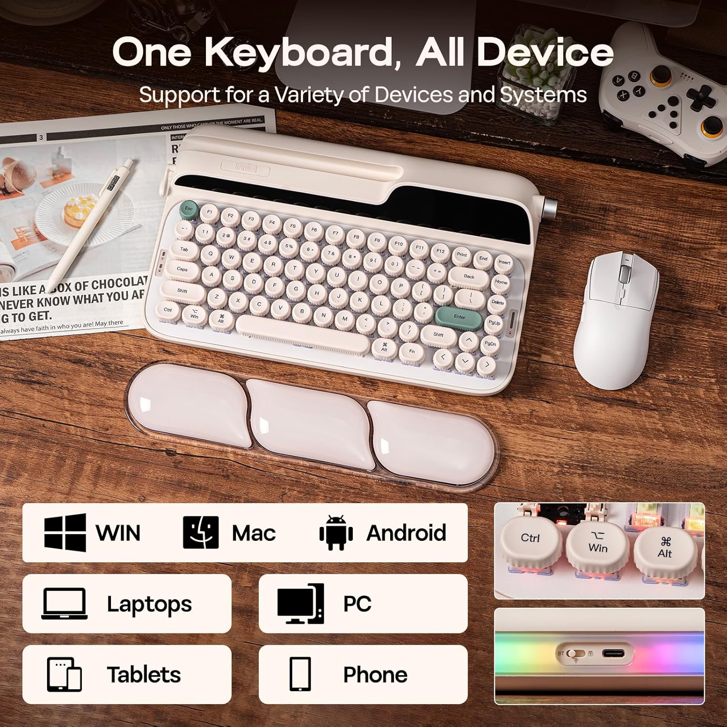Thumbnail 5 de EPOMAKER Glyph Wireless Typewriter Retro Mechanical Keyboard (75% hot-swap) with Screen, Knob, Lever, and Round PBT Keycaps