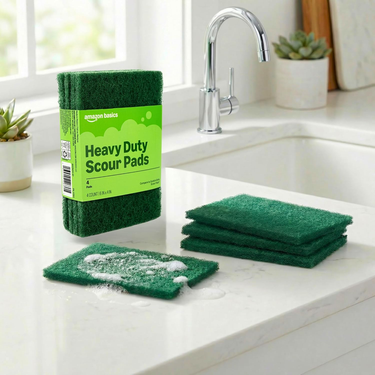 Detalle de Amazon Basics Heavy Duty Scour Pads, Dish Scrubber for Kitchen + Outdoor (4 Count)