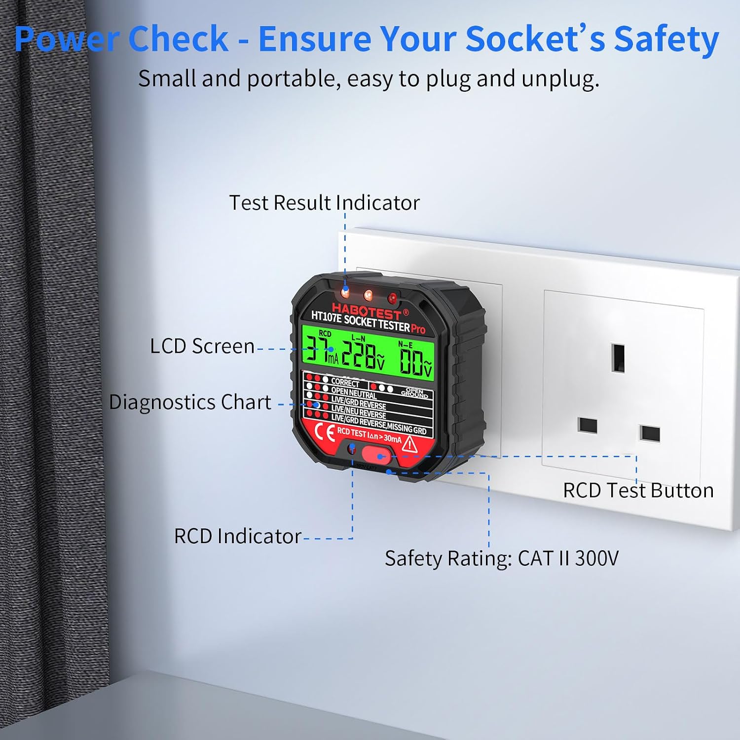 Thumbnail 6 de HT107E Socket Tester RCD Plug Outlet Tester UK with LCD display
