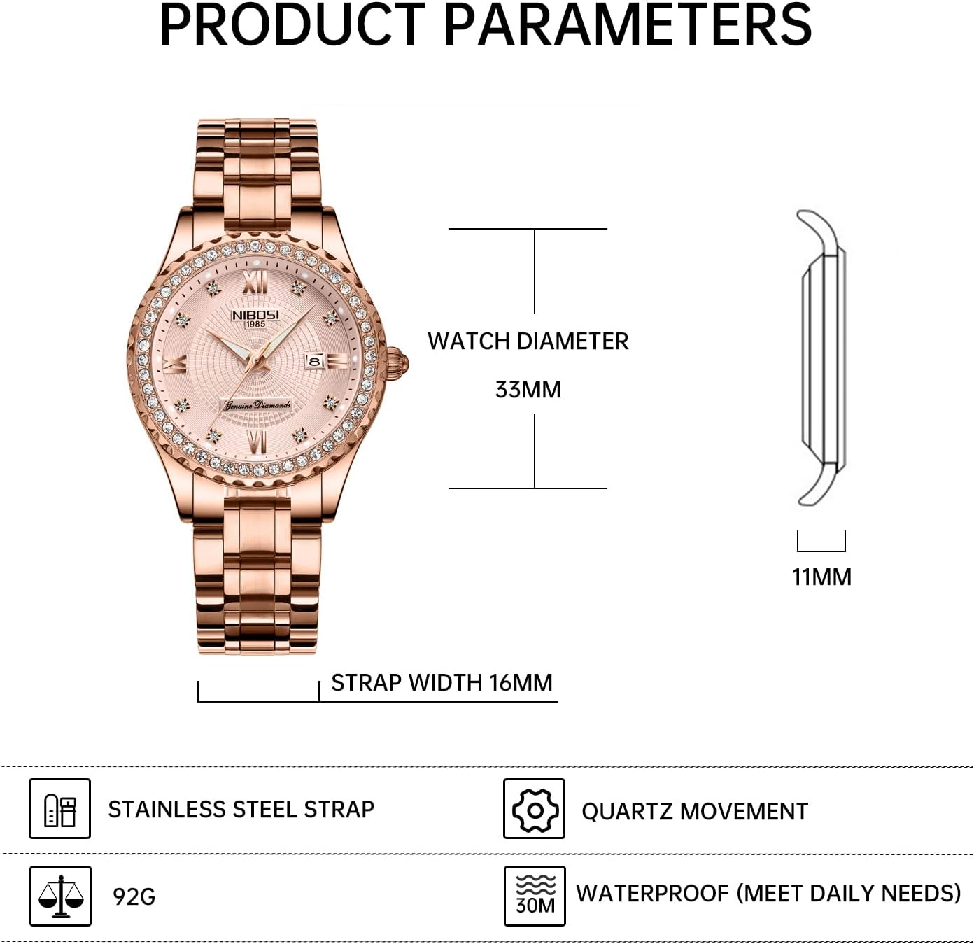 Thumbnail 3 de NIBOSI Damen-Armbanduhr mit Quarzwerk, Roségold-Optik und Diamant-Zifferblatt