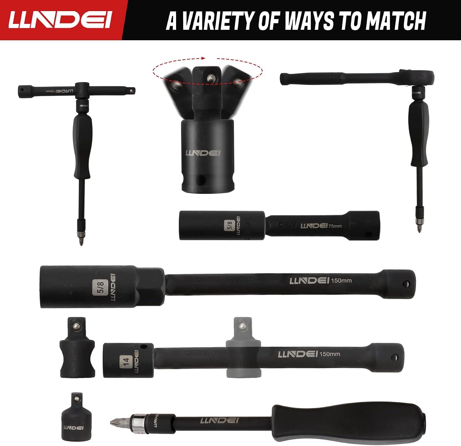 Detalle de LLNDEI 3/8" Drive Impact Socket Set (SAE Standard + Metric, 95-Piece, 6-Point, CR-V)