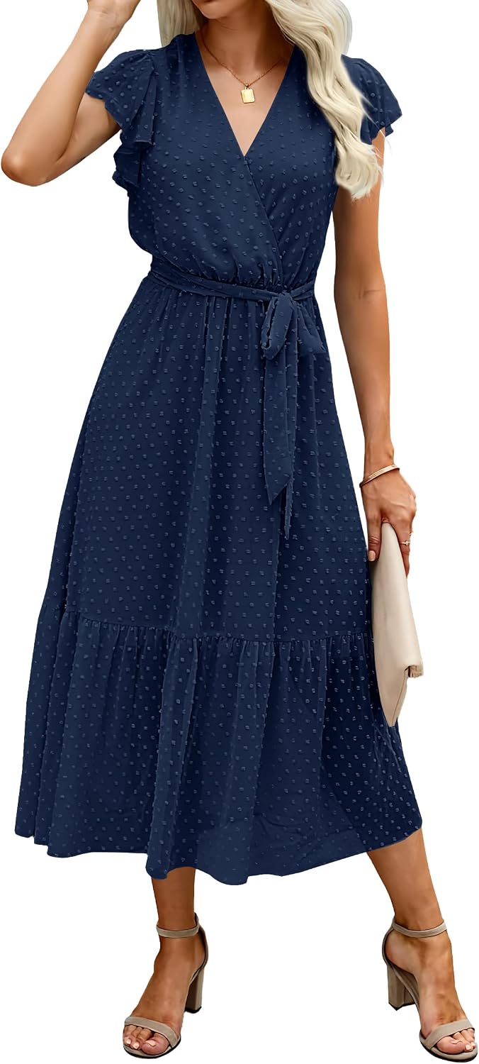 Detalle de BTFBM Women's Summer Bohemian Floral Wrap V-Neck Midi Dress