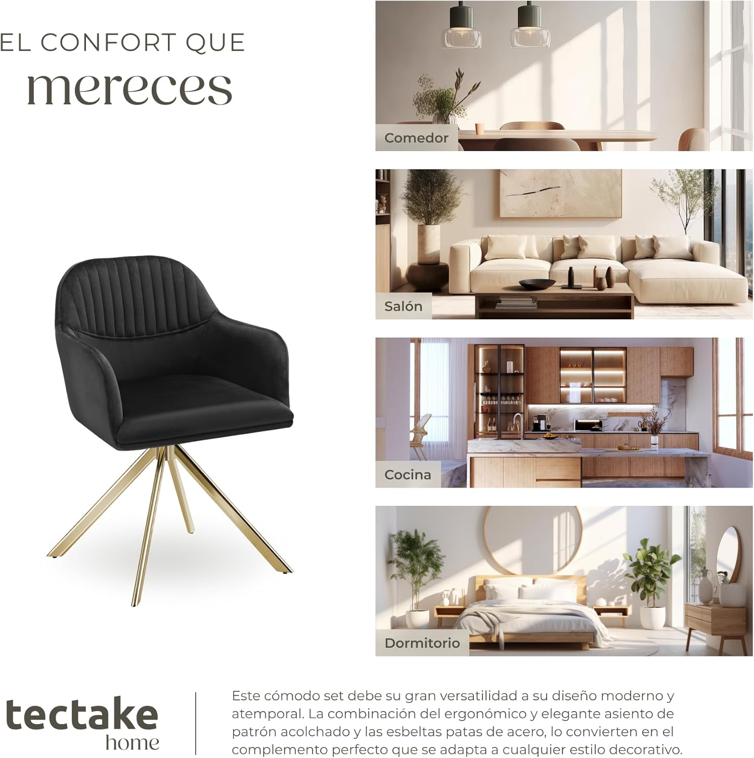 Thumbnail 7 de TecTake® Silla Giratoria Tapizada con Respaldo Continuo🪑 Negro/Oro (4 unidades)