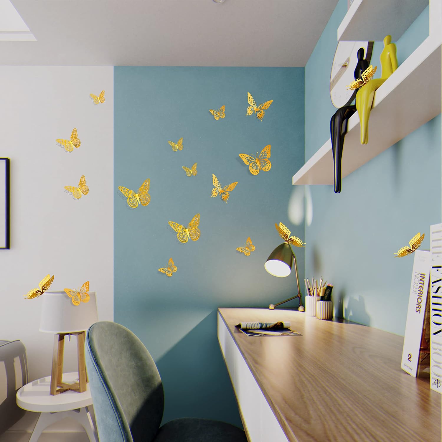 Detalle 2 de SAOROPEB 3D Gold Butterfly Wall Decor, 48-Piece Set with 4 Styles