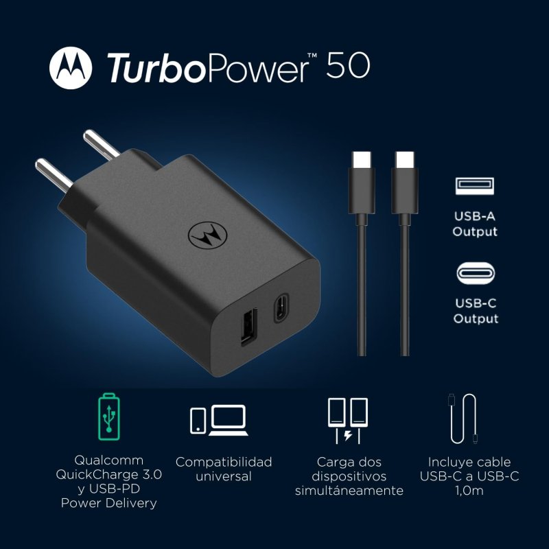 Detalle de Motorola TuboPower 50 Duo SJMC502 cargador 50 W rápido Negro