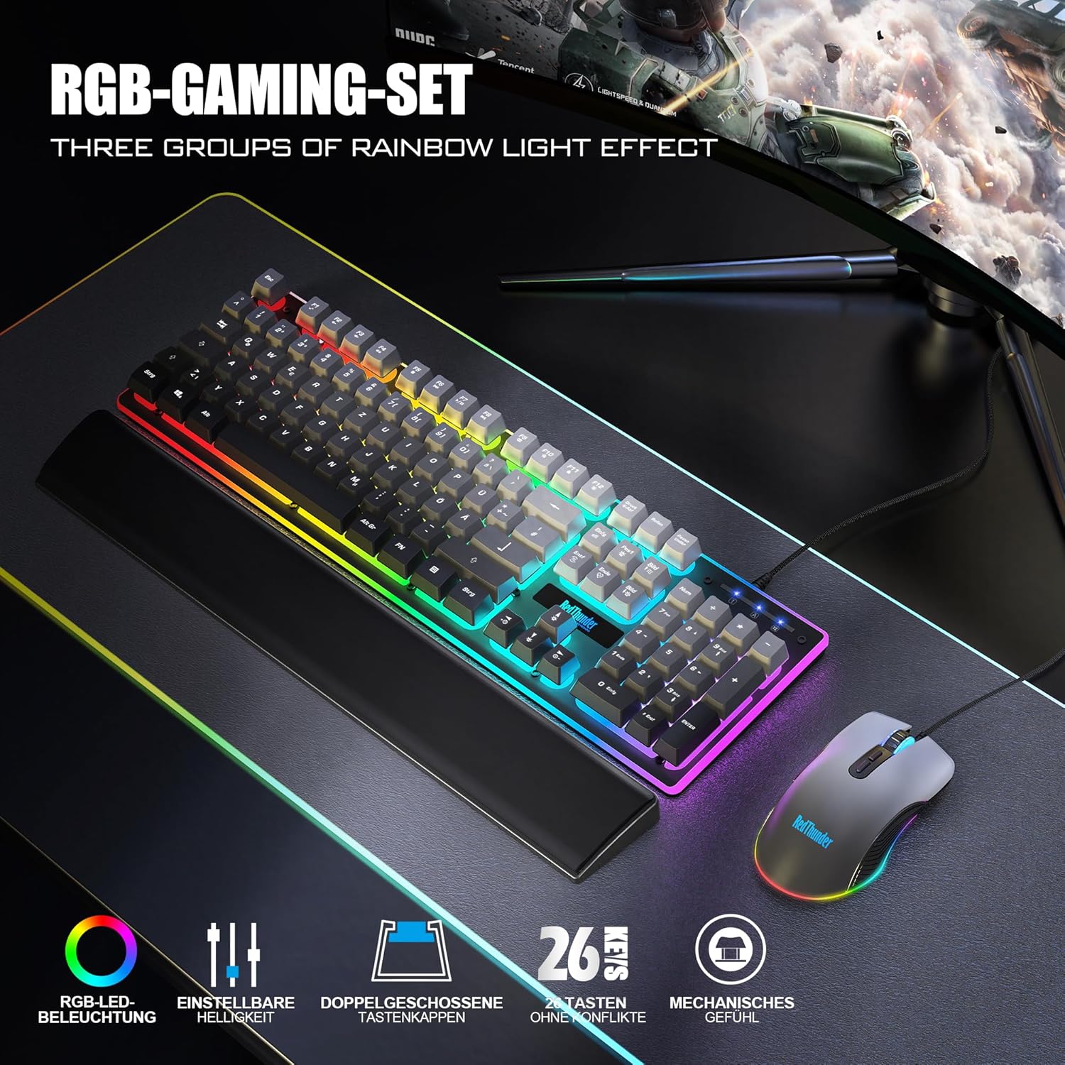 Detalle de RedThunder K10 Gaming Tastatur & Maus Set (QWERTZ, 26KRO, RGB) inkl. weicher Leder-Handballenauflage