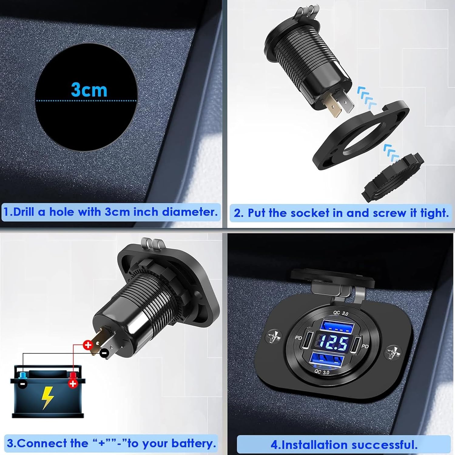 Detalle de Upgraded 12V USB Socket 4-in-1 Car Charger with QC3.0 and PD Ports, Aluminium, Voltmeter