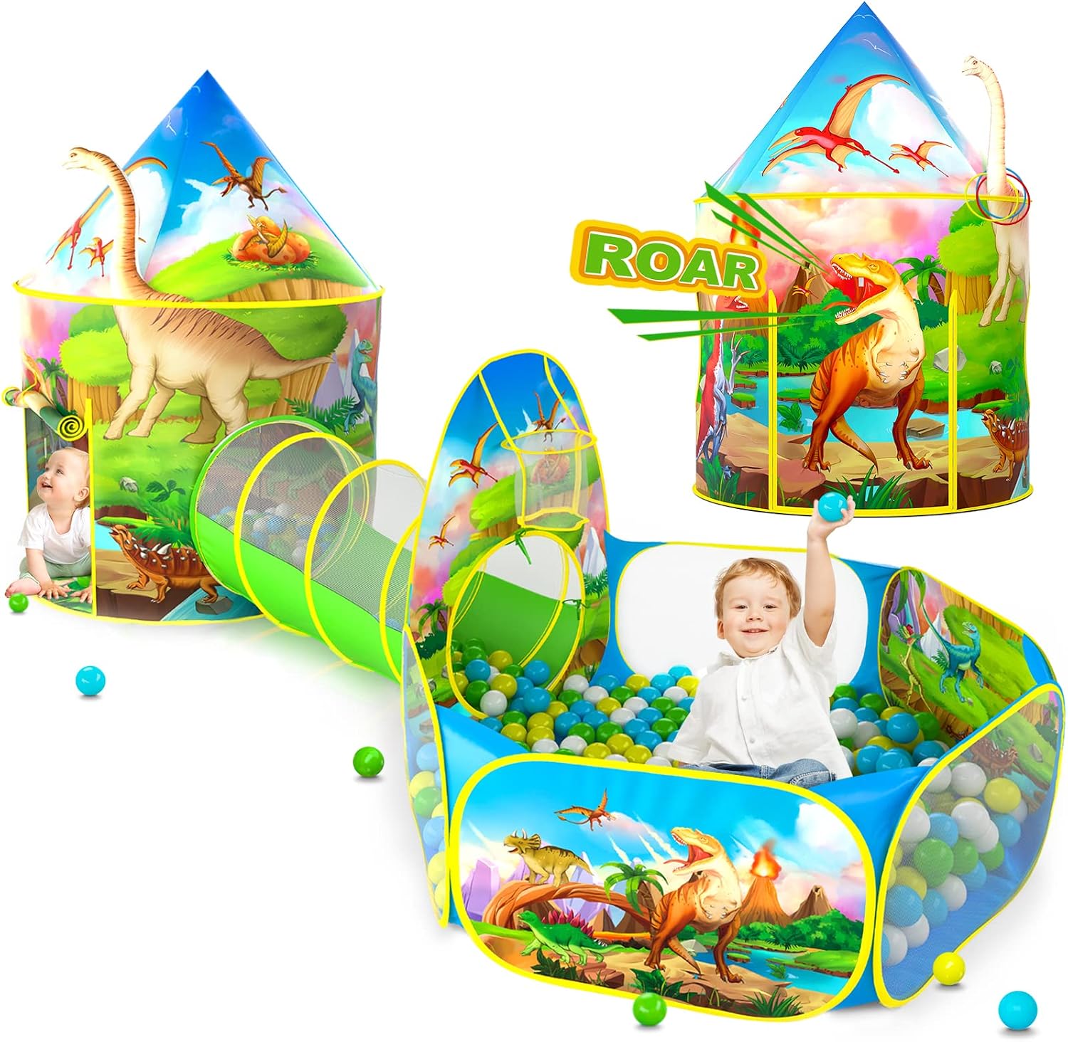 Detalle de 3PC Dinosaur Tent for Boys with Ball Pit, Tunnel & Pop Up Playhouse