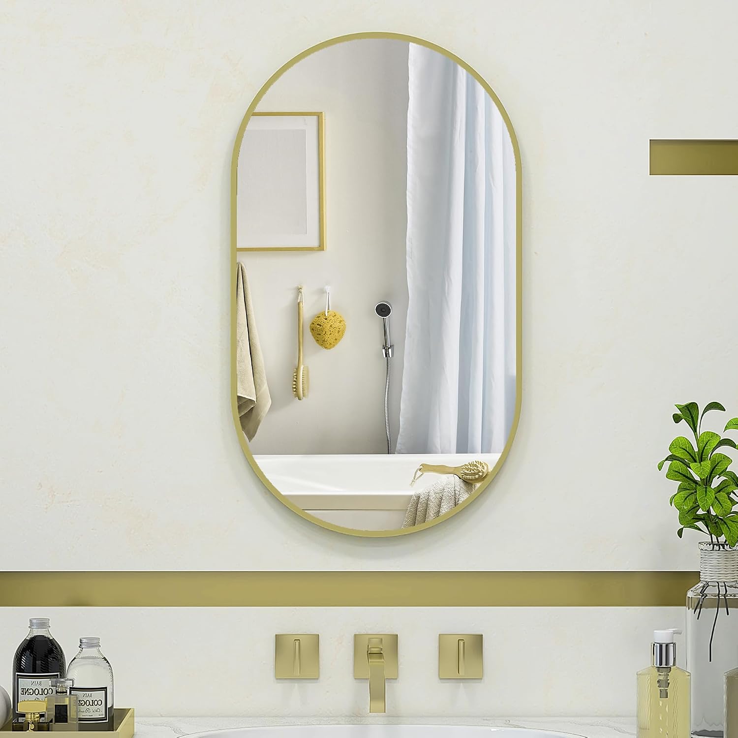 Detalle de HOMCOM Miroir Mural Ovale Doré 40 x 70 cm – cadre aluminium et montage flexible