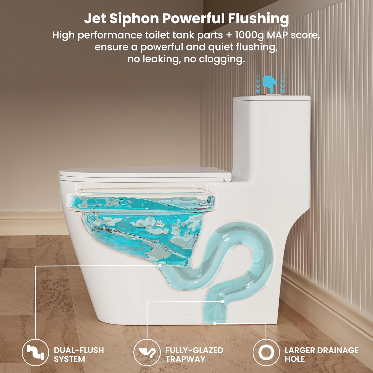 Detalle de CASTA DIVA CD-T005 One-Piece Elongated Toilet, Dual Flush, 17-Inch Seat