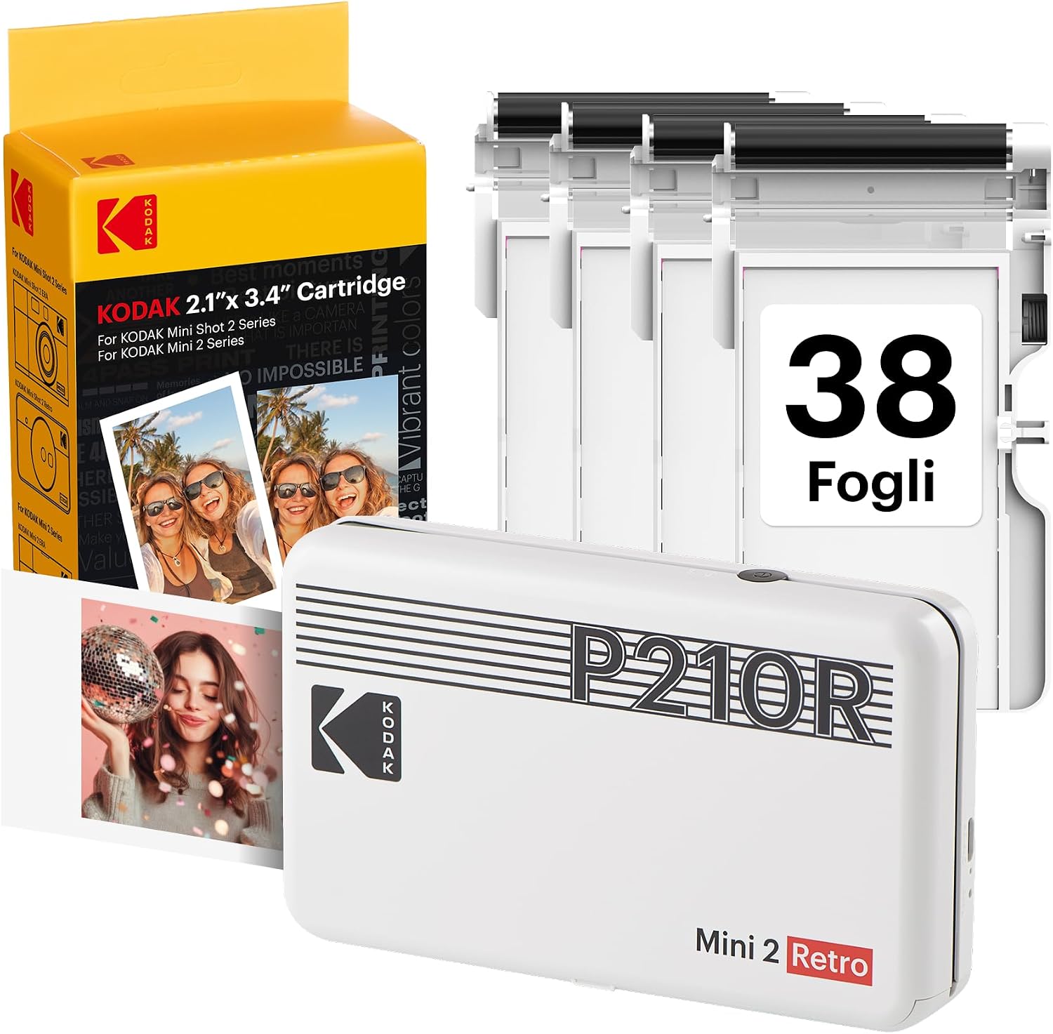 KODAK Mini 2 Retro 4PASS: stampante fotografica portatile con carta (5,3x8,6 cm) e pacchetto da 38 fogli, bianco