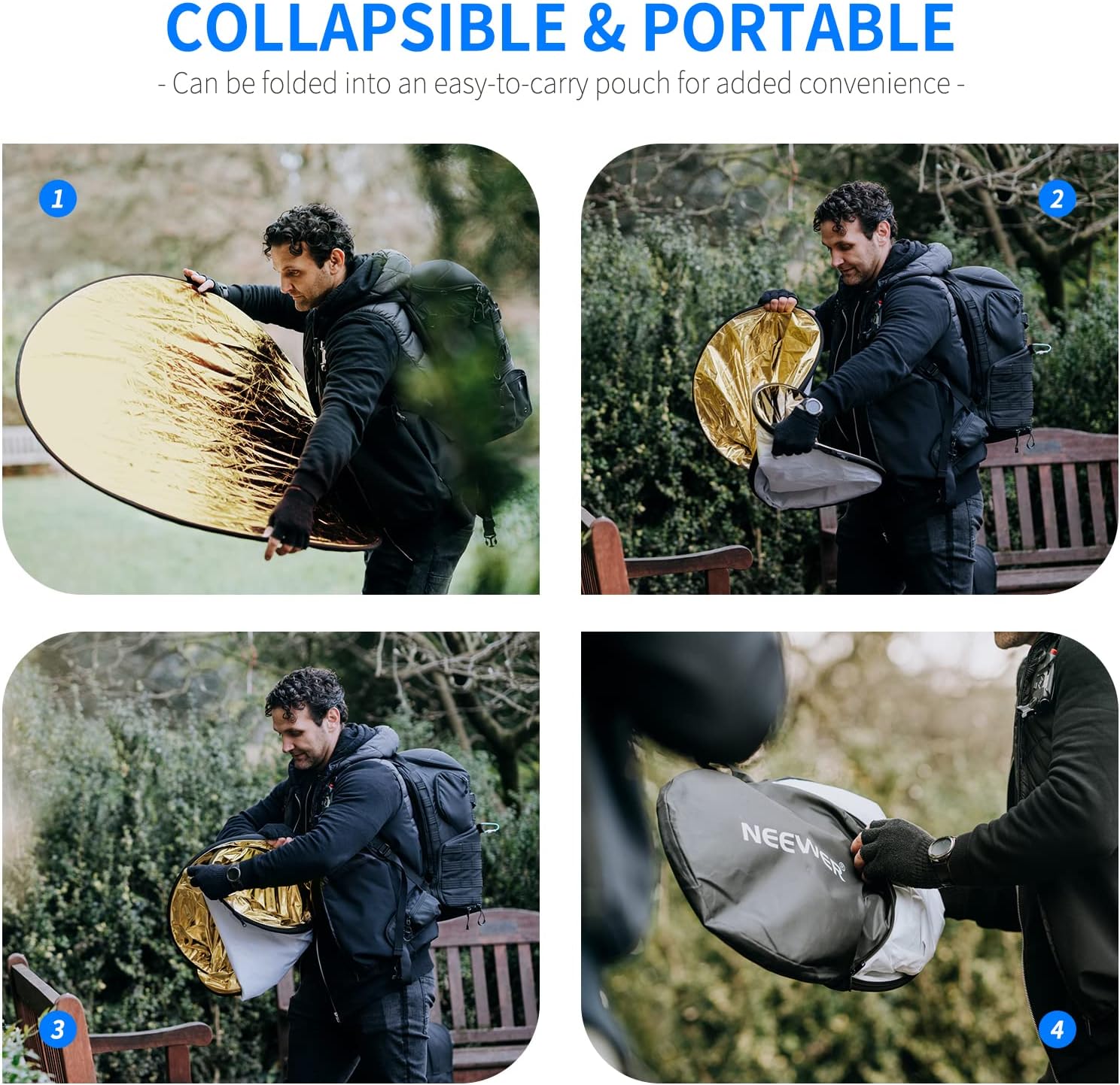 Thumbnail 4 de NEEWER 43 inch (110cm) 5-in-1 Collapsible Light Reflector / Diffuser (Translucent, Silver, Gold, White & Black)