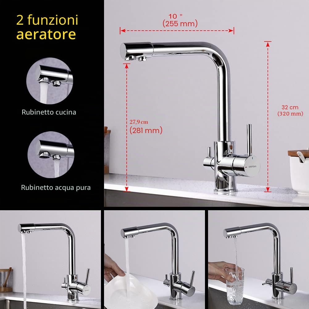 Detalle de GRIFEMA Dover-G4003: Rubinetto Cucina 3 Vie con Beccuccio Girevole 360° (G3/8) – Cromato