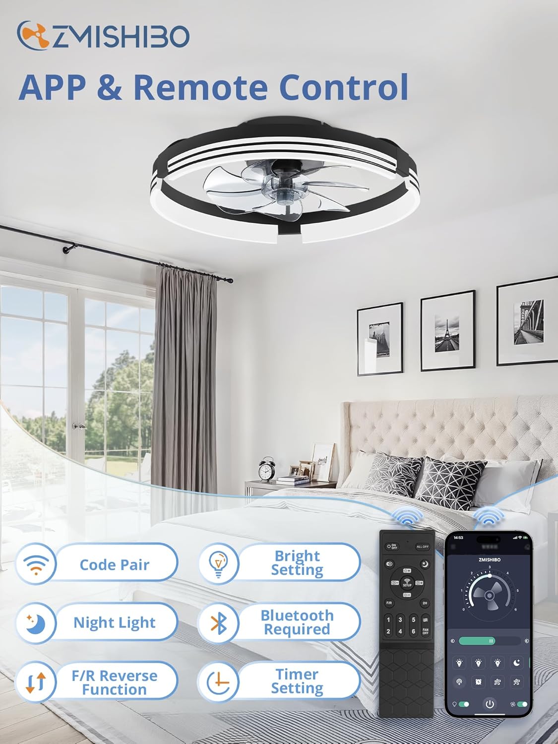 Thumbnail 4 de ZMISHIBO Low Profile Flush Mount Ceiling Fan with Light, 20 Inch LED + Remote (3000K–6000K Dimmable)