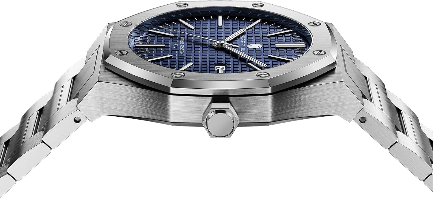 Detalle 2 de SAPPHERO montre homme octogonale en acier à quartz japonais – cadran damier, étanchéité 10/30M
