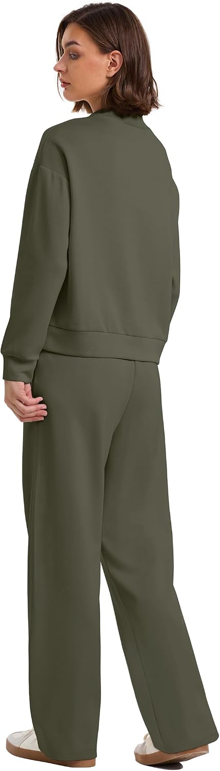 Detalle de WIHOLL Two-Piece Lounge Set for Women (Mock Neck Top + Wide-Leg Pants)