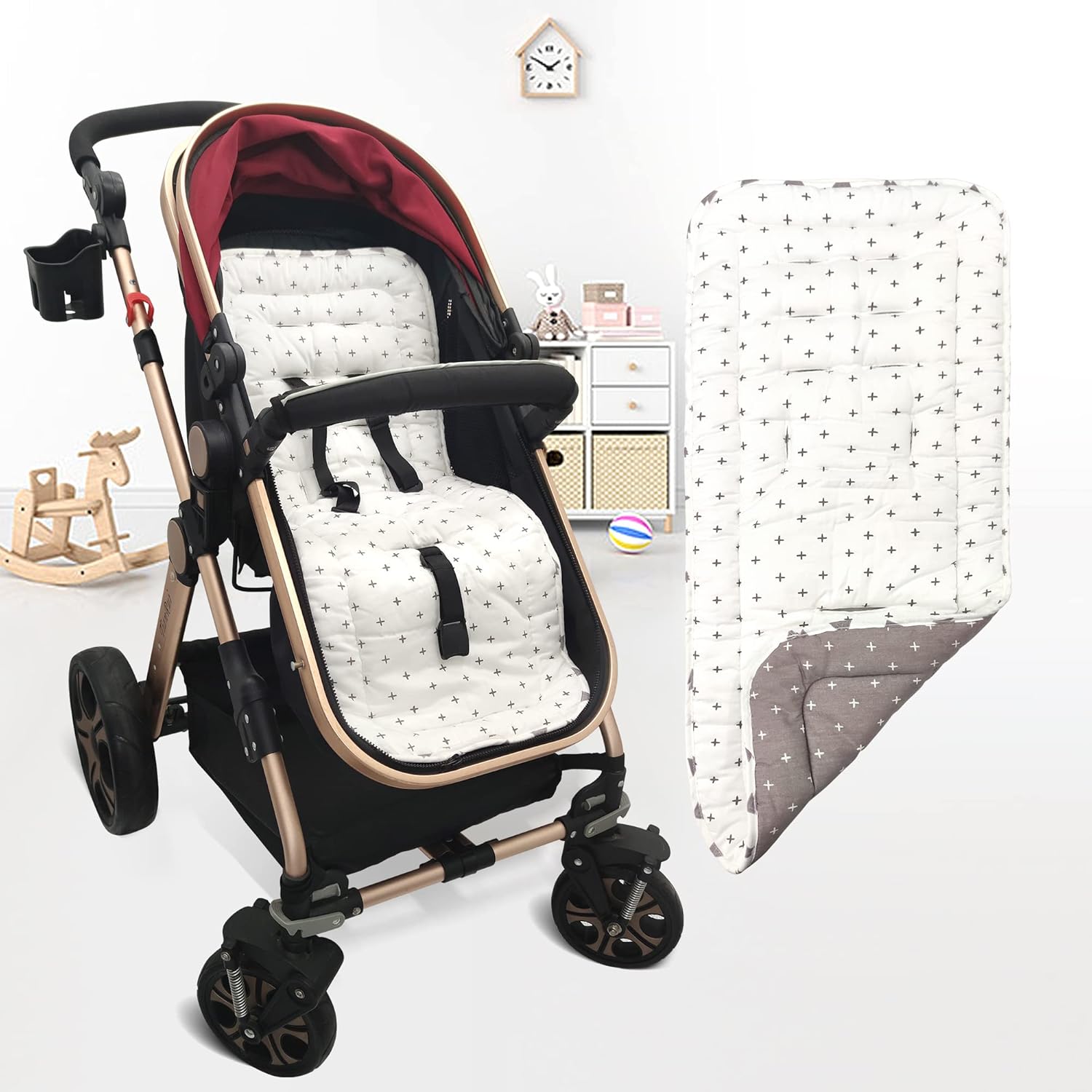 Thumbnail 2 de Baby Sitzauflage für Kinderwagen – weiche, reversible Baumwolle-Einsätze 34x78 cm