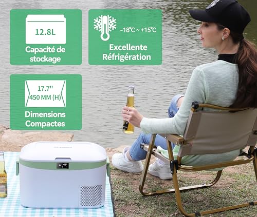 Detalle de BINGI Glacière Électrique Voiture 12,8 L : compression silencieuse et refroidissement rapide jusqu’à -18°C