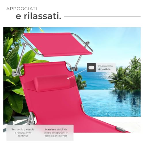 Detalle de tectake Lettino Prendisole Pieghevole 190 x 68 x 111 cm – Sedia a Sdraio con Parasole, Cuscino e Maniglia, Regolabile, Rosa