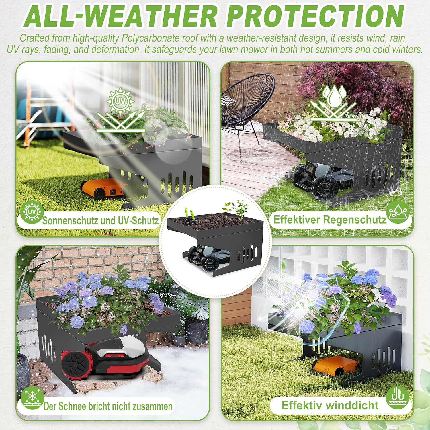 Detalle de UISEBRT RHX-(YY09069AN) Robotic Lawnmower Garage with Planter, 1.2 mm Metal