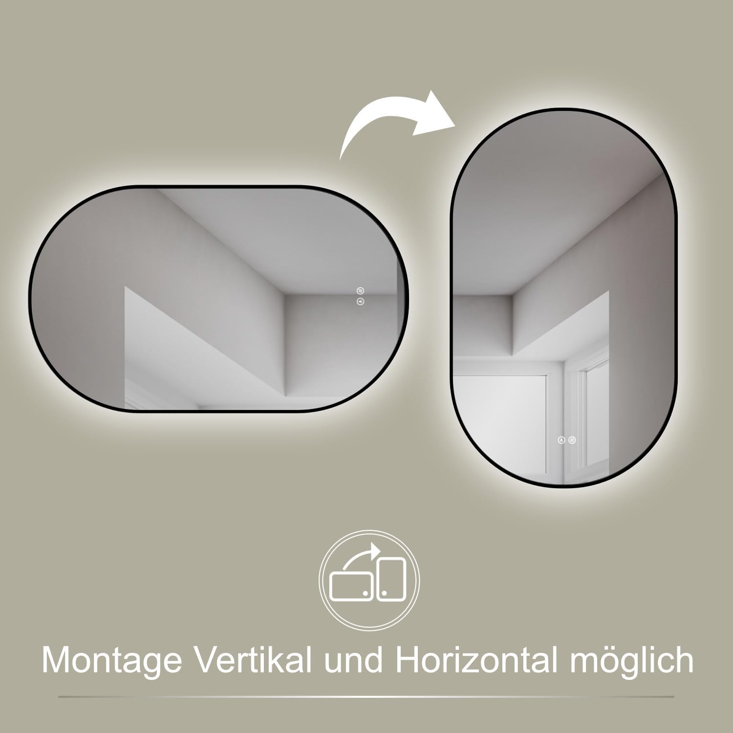 Thumbnail 3 de HOKO Specchio-Bagno con Luce Ovale Antiappannamento LED 45x75 cm, Cornice Metallo Nera, Montaggio Verticale/Orizzontale
