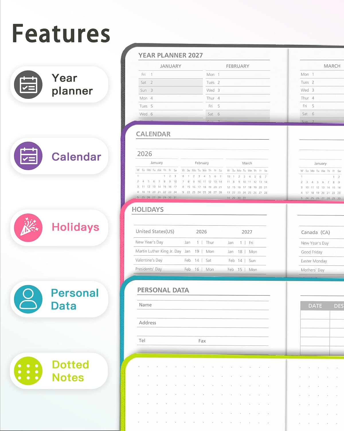 Detalle de YihurKis 2026-2027 A6 Academic Planner, Weekly & Monthly, Purple, Pen Holder