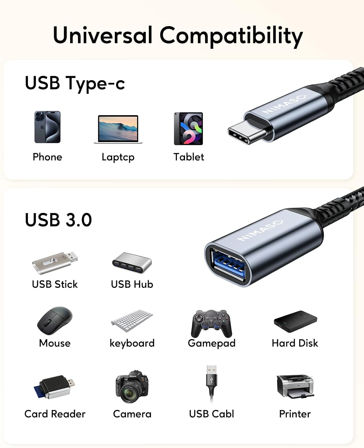 Thumbnail 6 de NIMASO USB C to USB 3.1 Adapter 2 Pack – OTG Type-C to USB-A, with dual ports for MacBook, iPhone 15, Galaxy S23/S22 and more