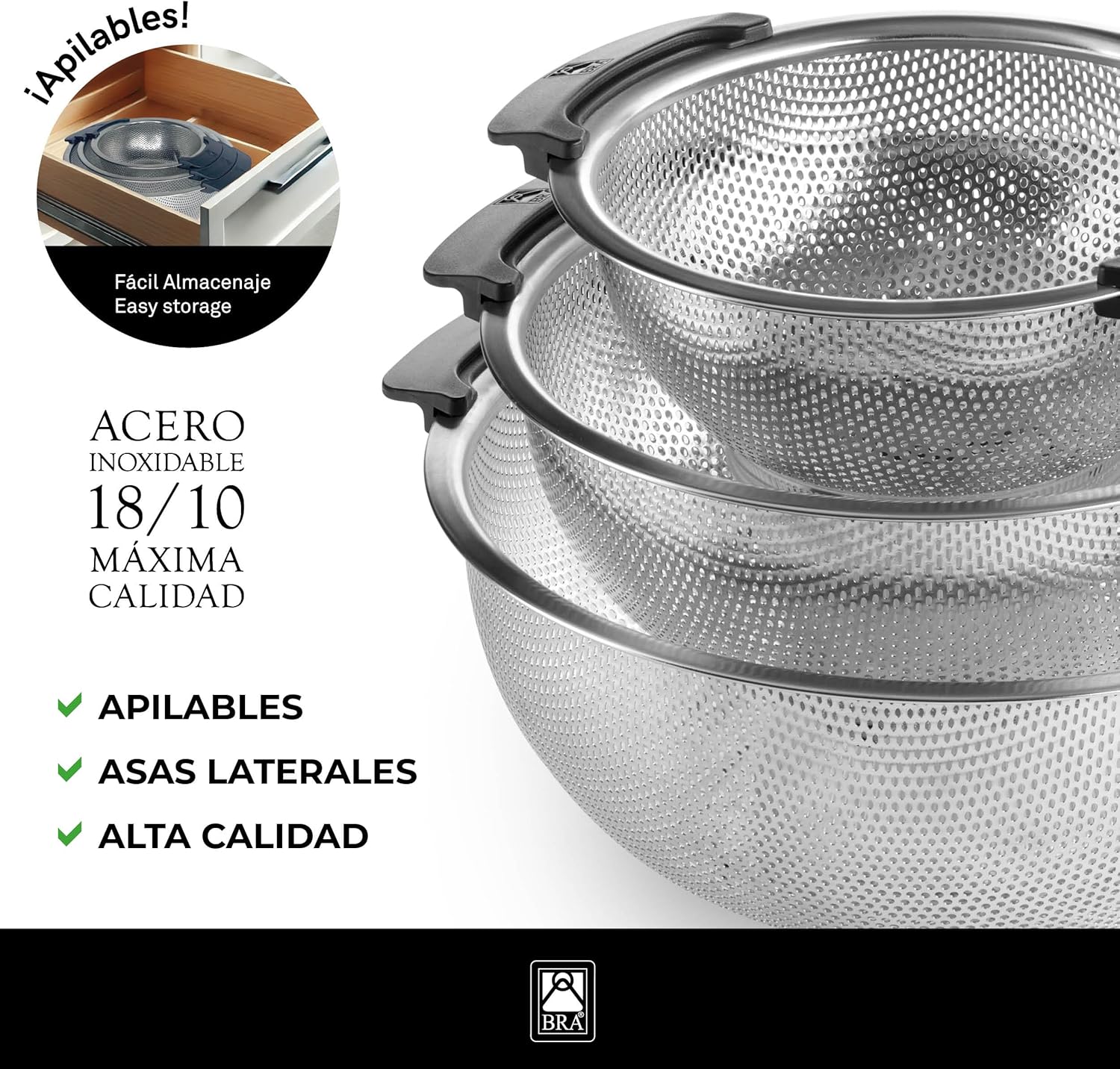 Thumbnail 2 de BRA Set 3 escurrideras 18-22-26 cm Acero 18/10