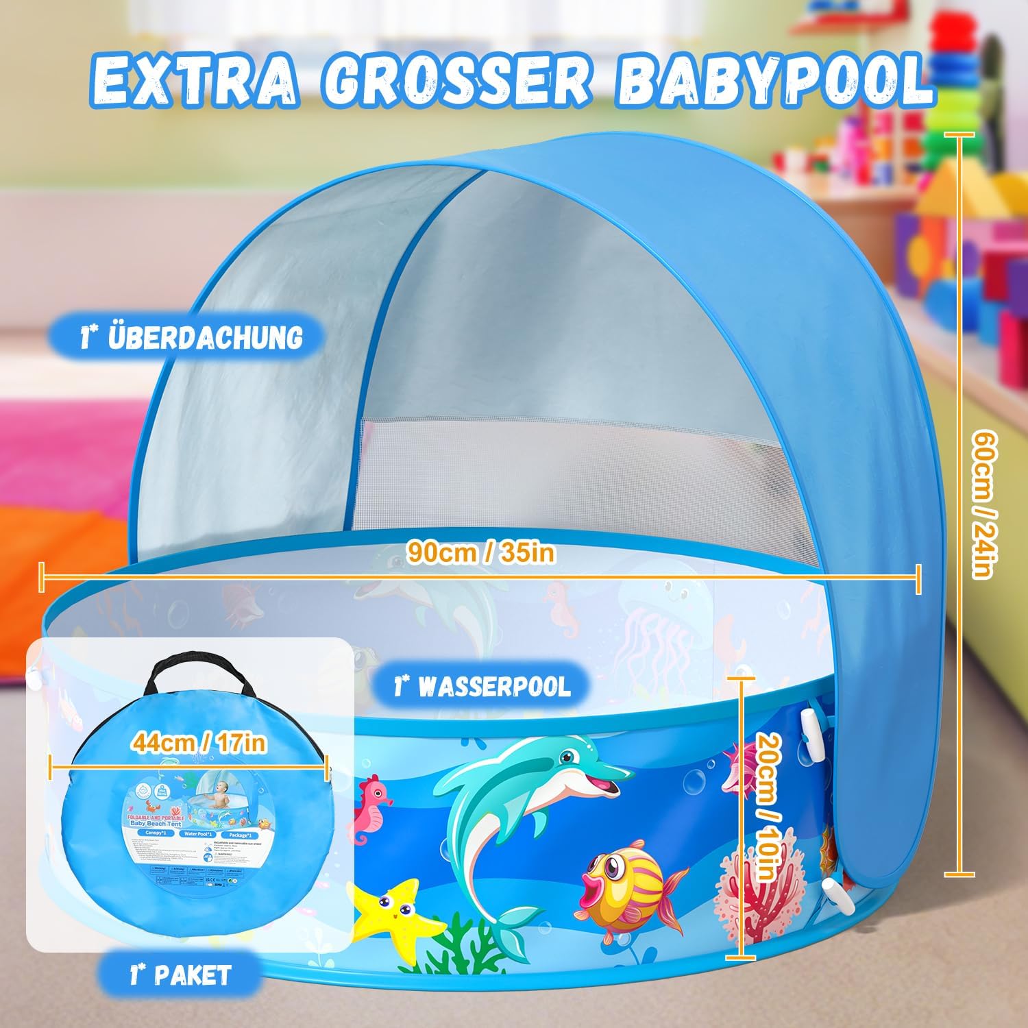 Thumbnail 5 de Baby Planschbecken mit Dach – 4-in-1 Pop-Up Strandmuschel für sicheren Wasserspaß und Sonnenschutz