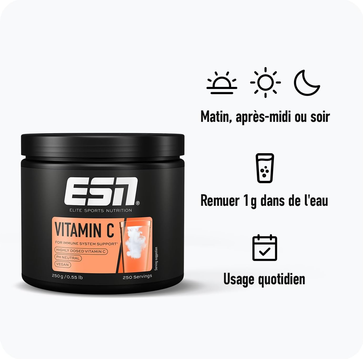 Detalle 1 de ESN Vitamine C, poudre 250 g – vitamine C tamponnée au calcium, soluble et vegan, fabriquée en Allemagne