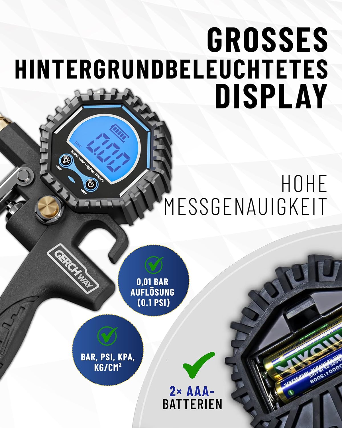 Thumbnail 3 de GERCHWAY Digitaler Reifenfüller mit Manometer – digitaler Reifendruckprüfer 0–14 bar (±1% Messgenauigkeit)