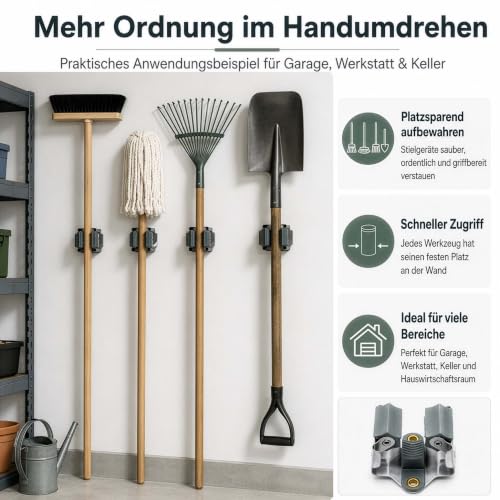 Detalle de WilTec Jeu de 5 Accroche-balai mural en acier – râtelier mural pour outils de nettoyage et jardinage