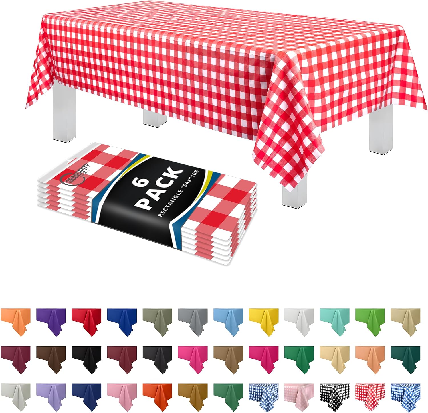 Detalle de Grandipity Red Gingham Checkered Plastic Table Cloth (6 Pack) 54x108 inches for Rectangle Tables
