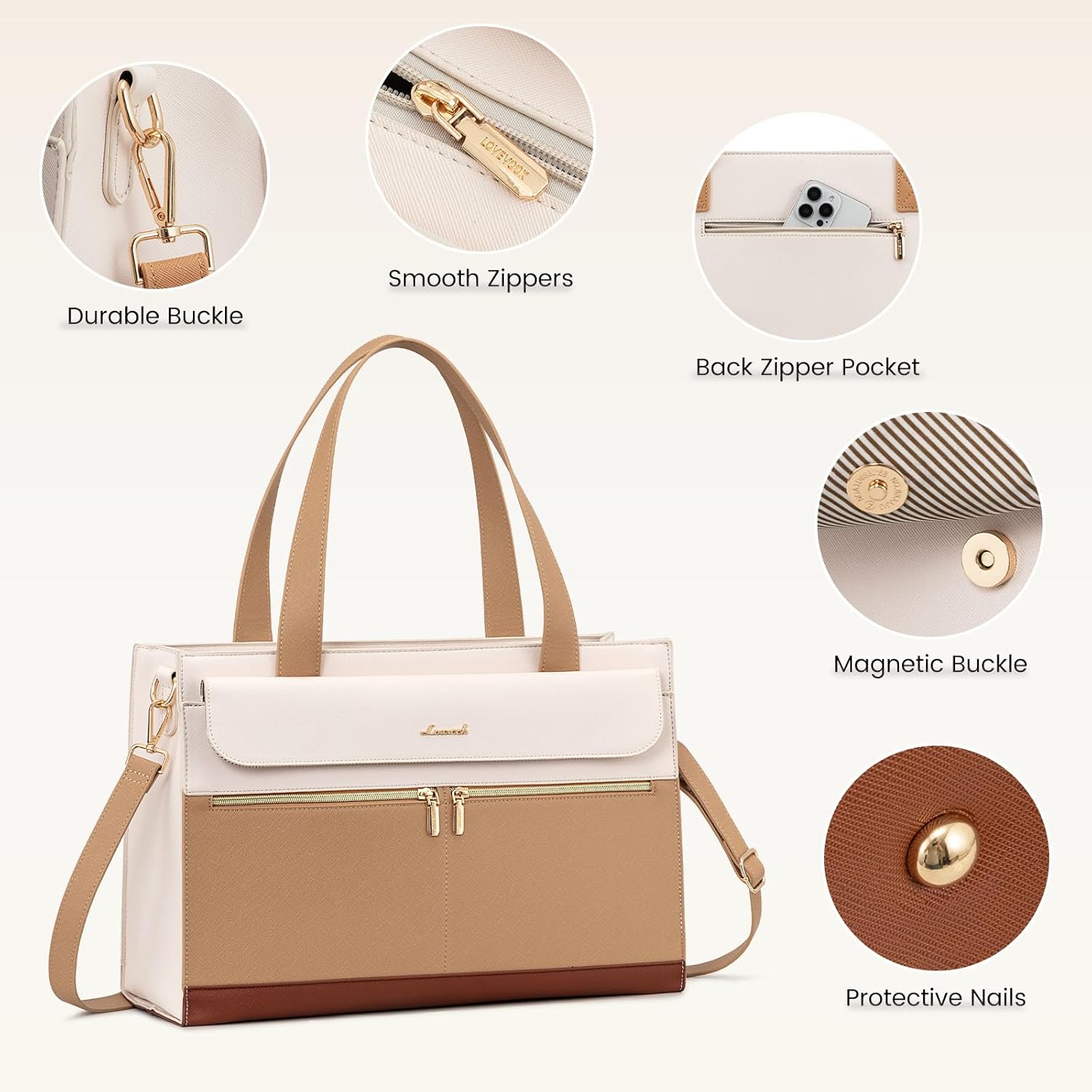 Thumbnail 3 de LOVEVOOK Sac cabas femme grande capacité pour ordinateur portable jusqu’à 15,6 pouces, imperméable, abricot