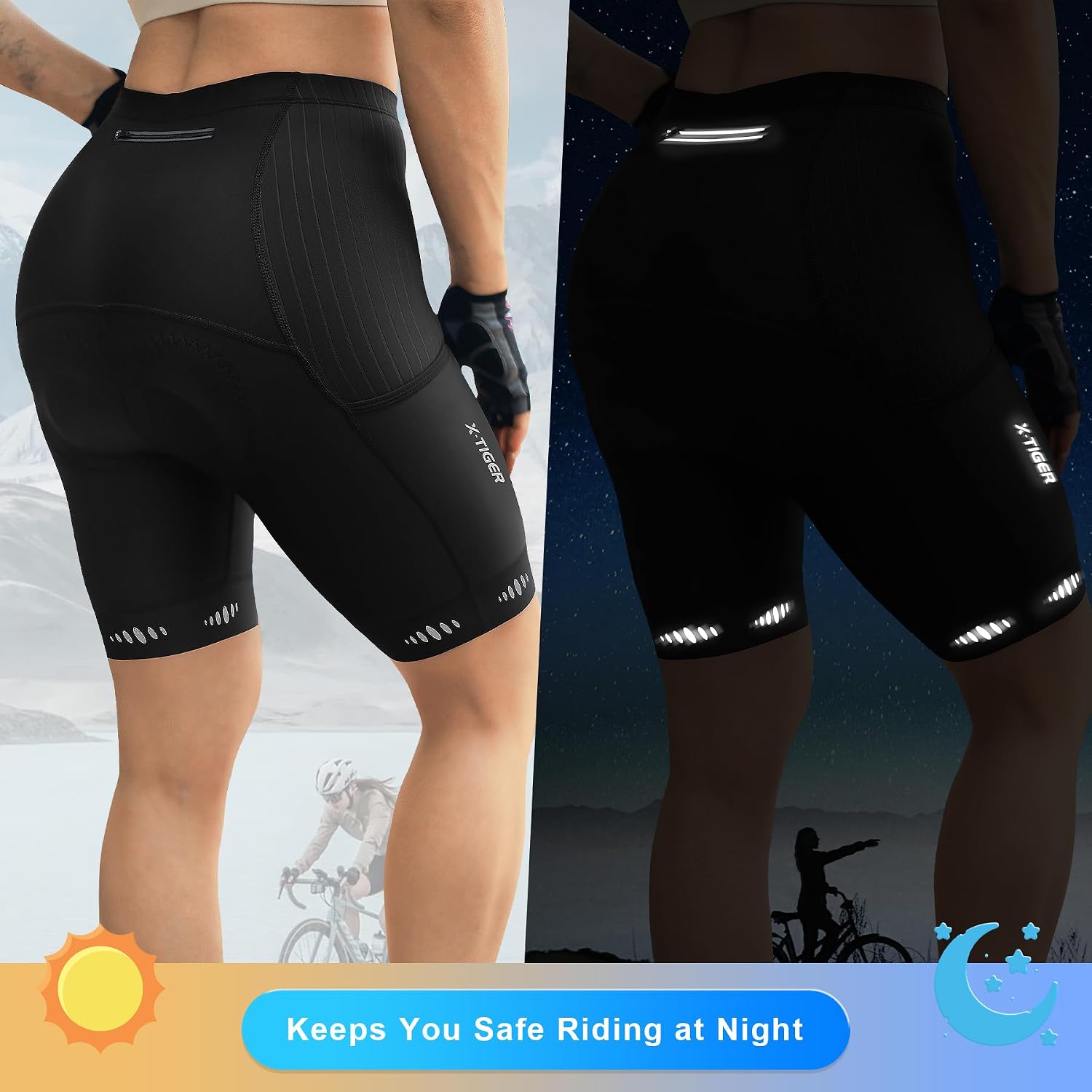 Detalle de X-TIGER Damen-Radlerhose mit 5D Sitzpolster – kurze, atmungsaktive Radhose mit 3 Taschen