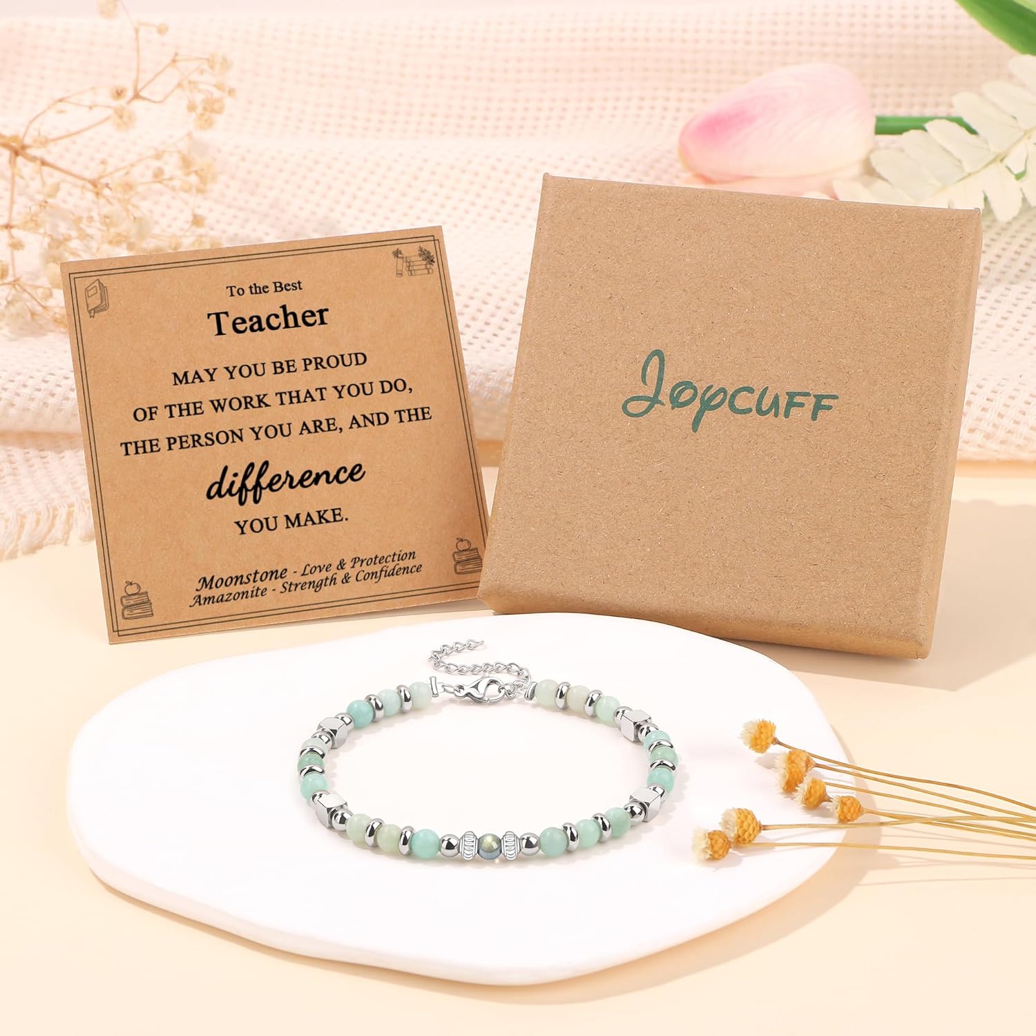 Detalle de Joycuff Gifts for Women Moonstone Bracelet with Amazonite and Stainless Steel Beads