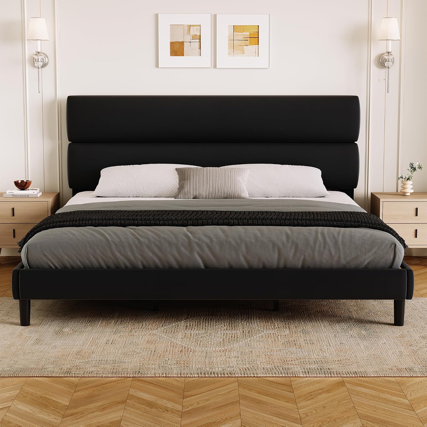 Detalle de GRUSIGN HFCJ-K-BLK King Platform Bed Frame with Velvet Headboard