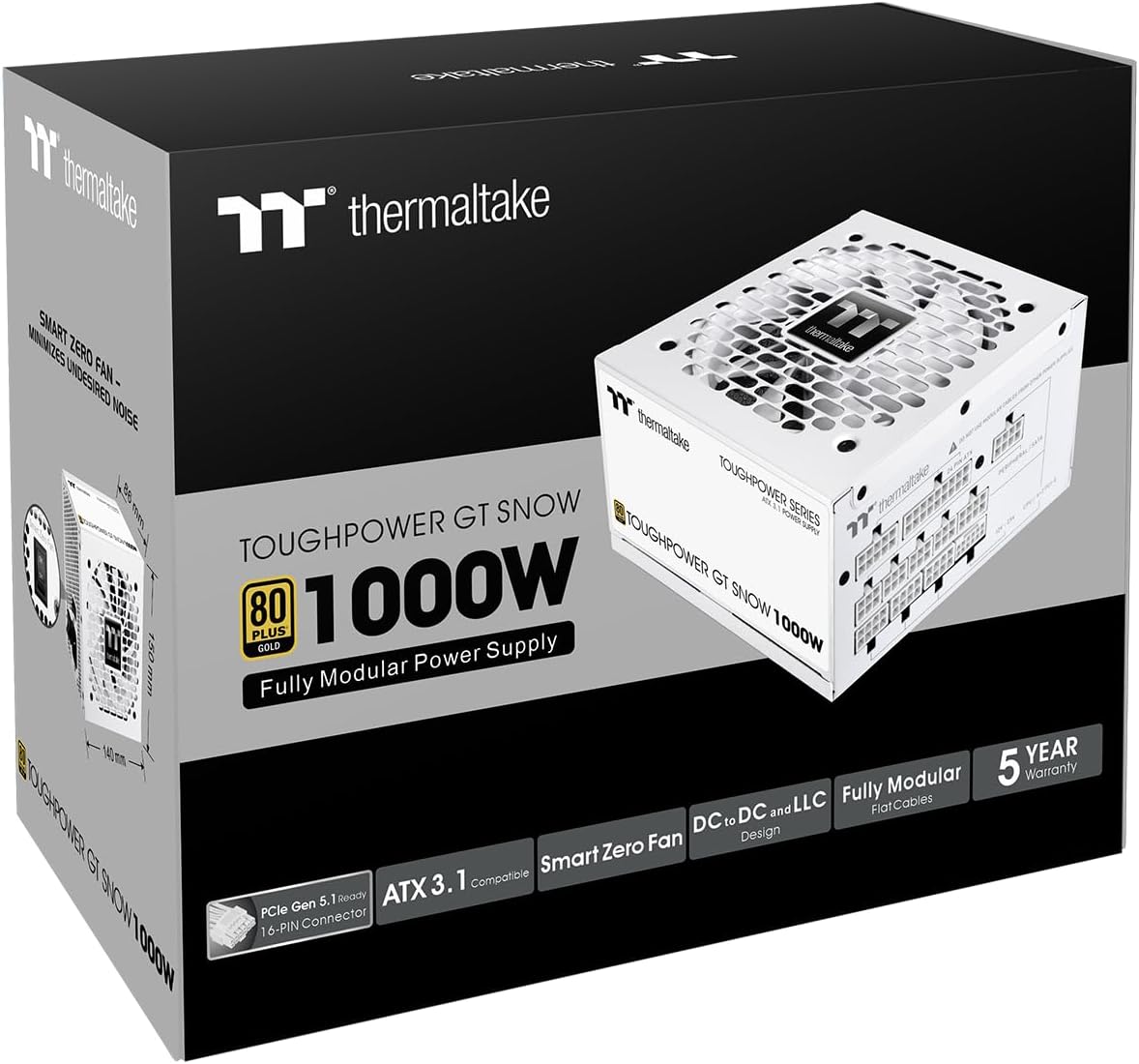 Detalle de Thermaltake Toughpower GT 850W: alimentazione ATX 3.1 PCIe 5.1, modulare e silenziosa (Snow)