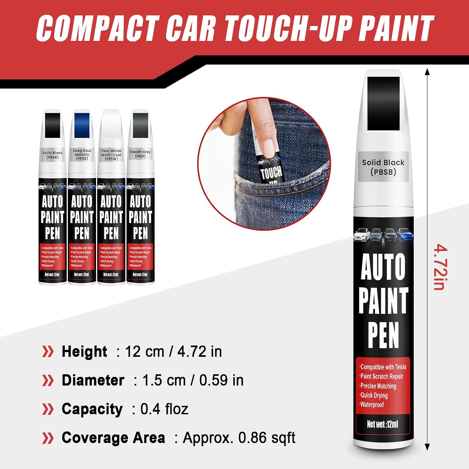 Thumbnail 6 de Qnofuit Touch Up Paint for Cars (Solid Black PBSB) — 0.4 fl oz, 2-in-1 Car Scratch Repair Pen for Tesla Models Y/3/X/S