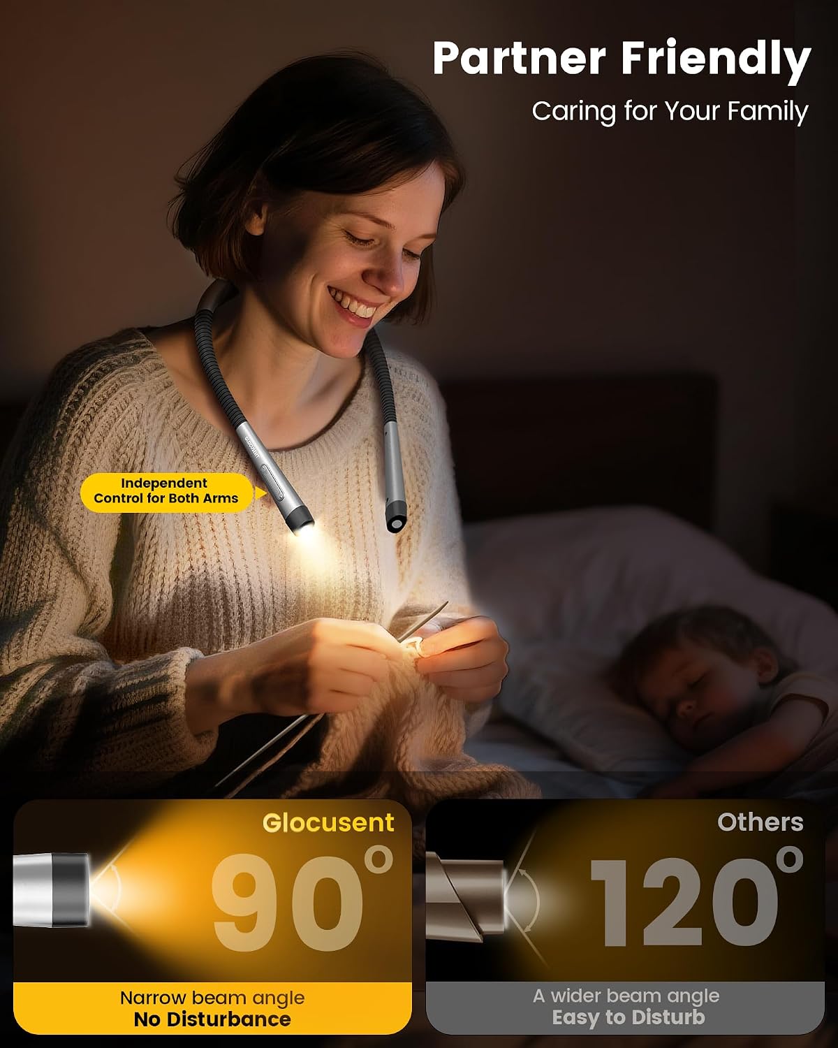 Detalle 2 de Glocusent lampes tour de cou pour la lecture – 3 couleurs et 5 niveaux de luminosité, autonomie longue et minuterie