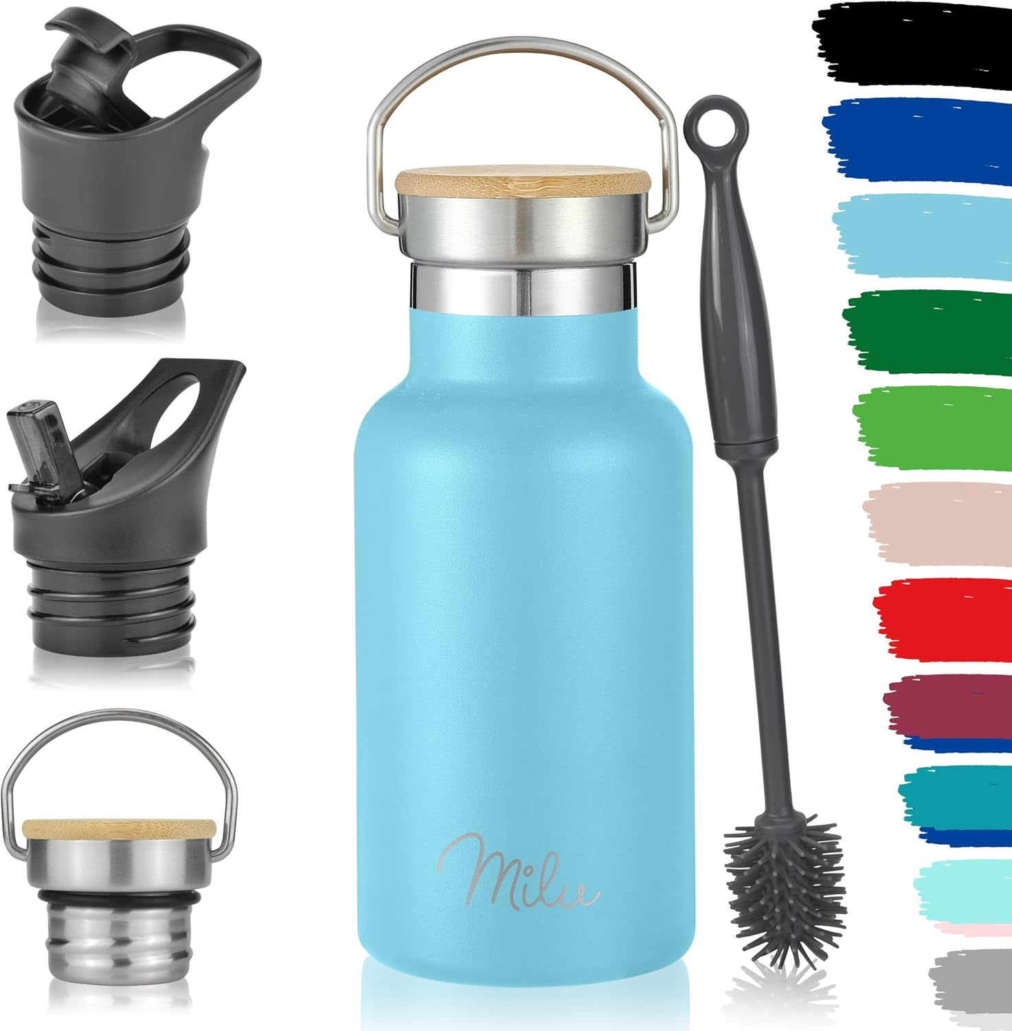 Detalle de Milu Edelstahl Trinkflasche 350ml – vakuumisoliert, 3 Deckel, auslaufsicher, Himmelblau