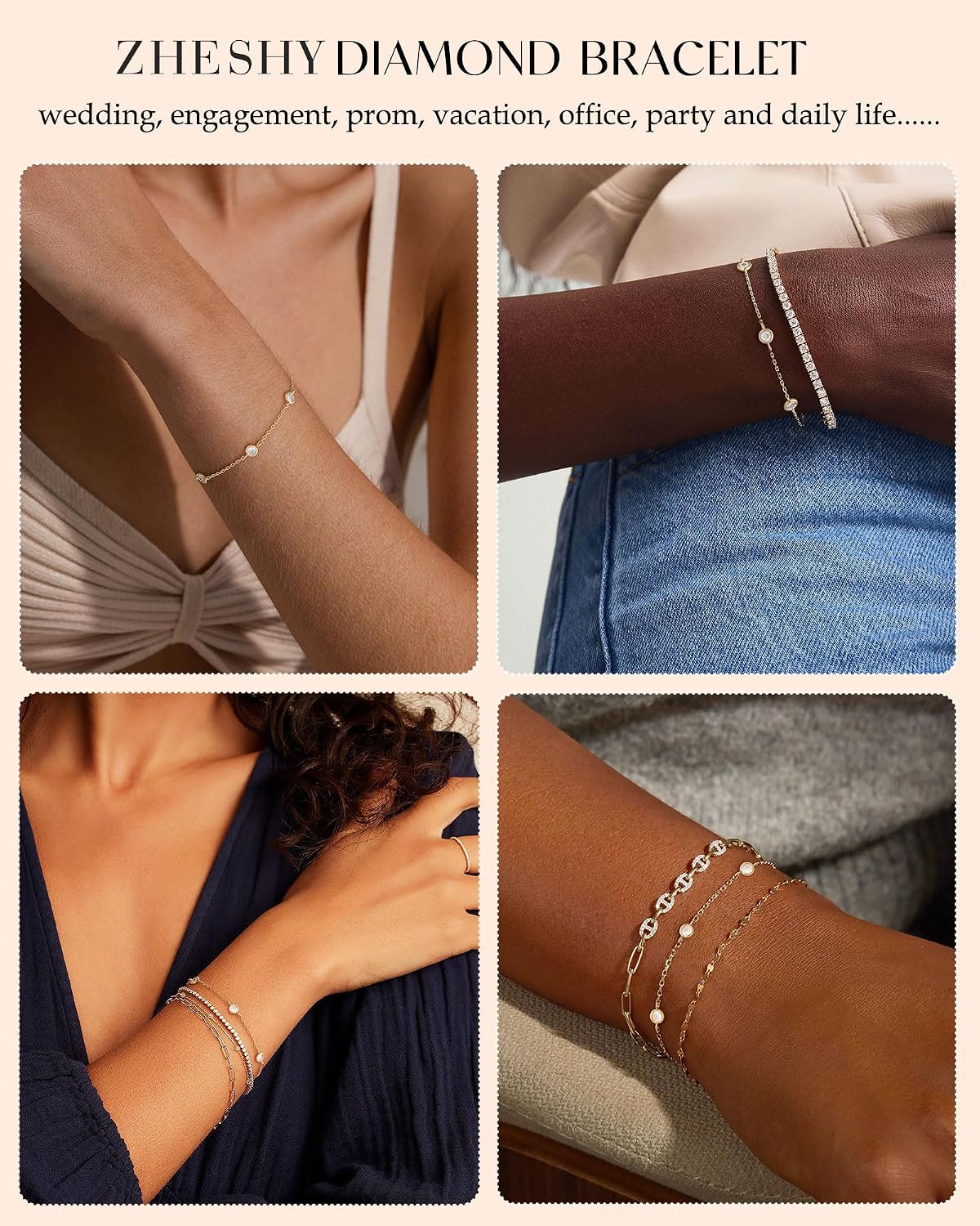 Detalle de Bracelet Femme ZHESHY Argent 925 Or 14K Plaqué Or Réglable avec Trèfle à 4 Feuilles et Zircon