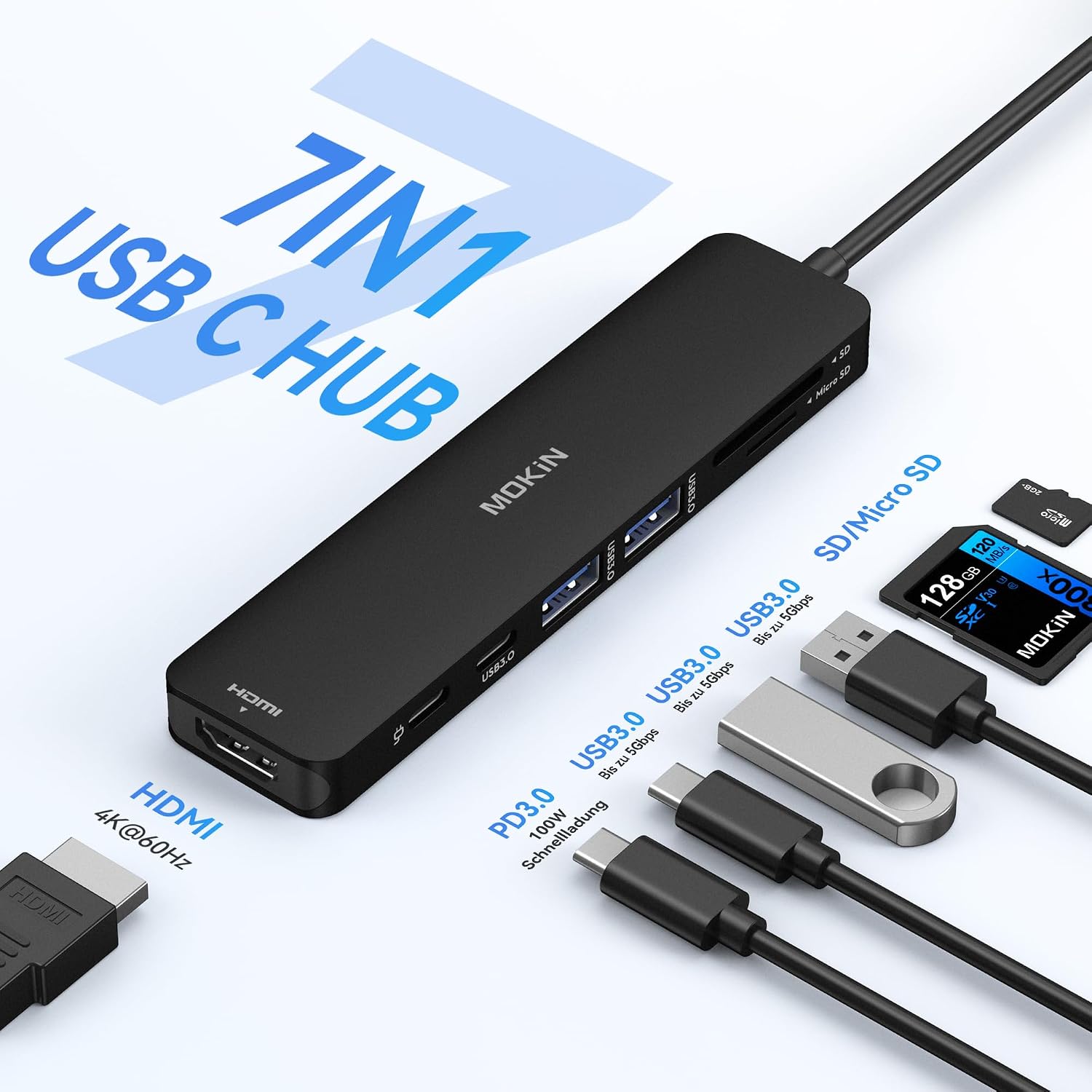 Detalle de MOKiN 7-in-1 USB C HDMI Hub for MacBook Pro/Air: 4K @60Hz, 2x USB 3.0, SD/microSD, 100W PD