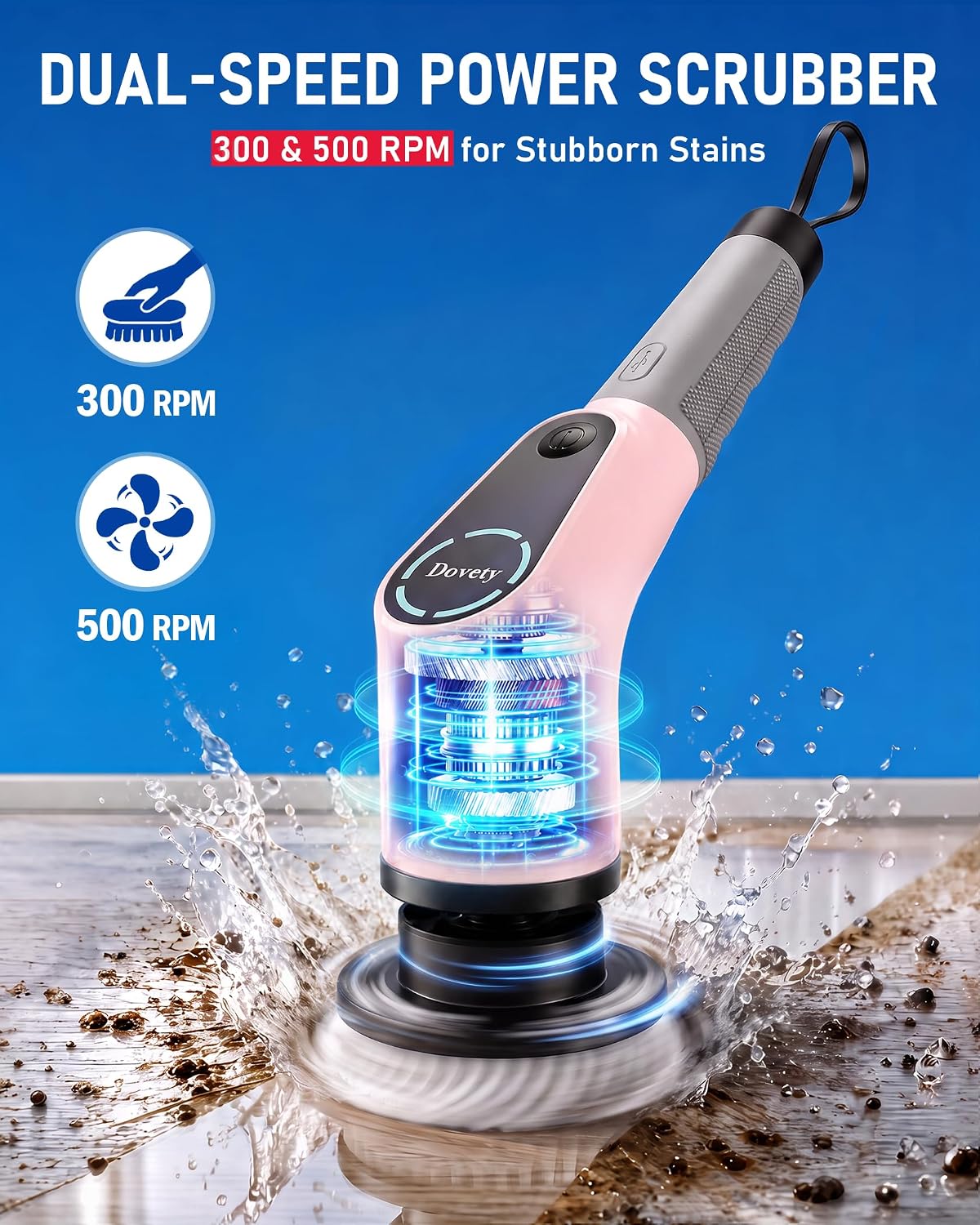 Detalle 2 de Dovety CB02 Electric Spin Scrubber, Extendable Handle, 8 Brush Heads, Pink